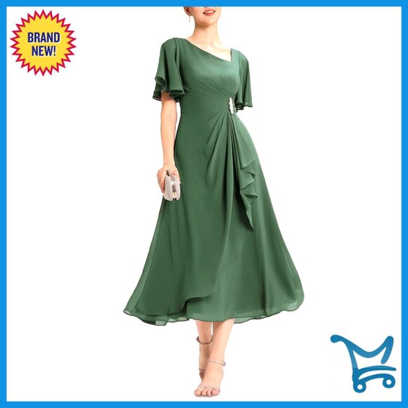Maxi Chiffon Formal Dress A-Line Asymmetrical Neck Rhinestone Wedding Guest
